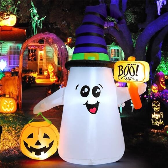 5 FT Halloween Inflatables Ghost Outdoor Decorations Blow Up Yard Cute Wizard - Picture 1 of 7